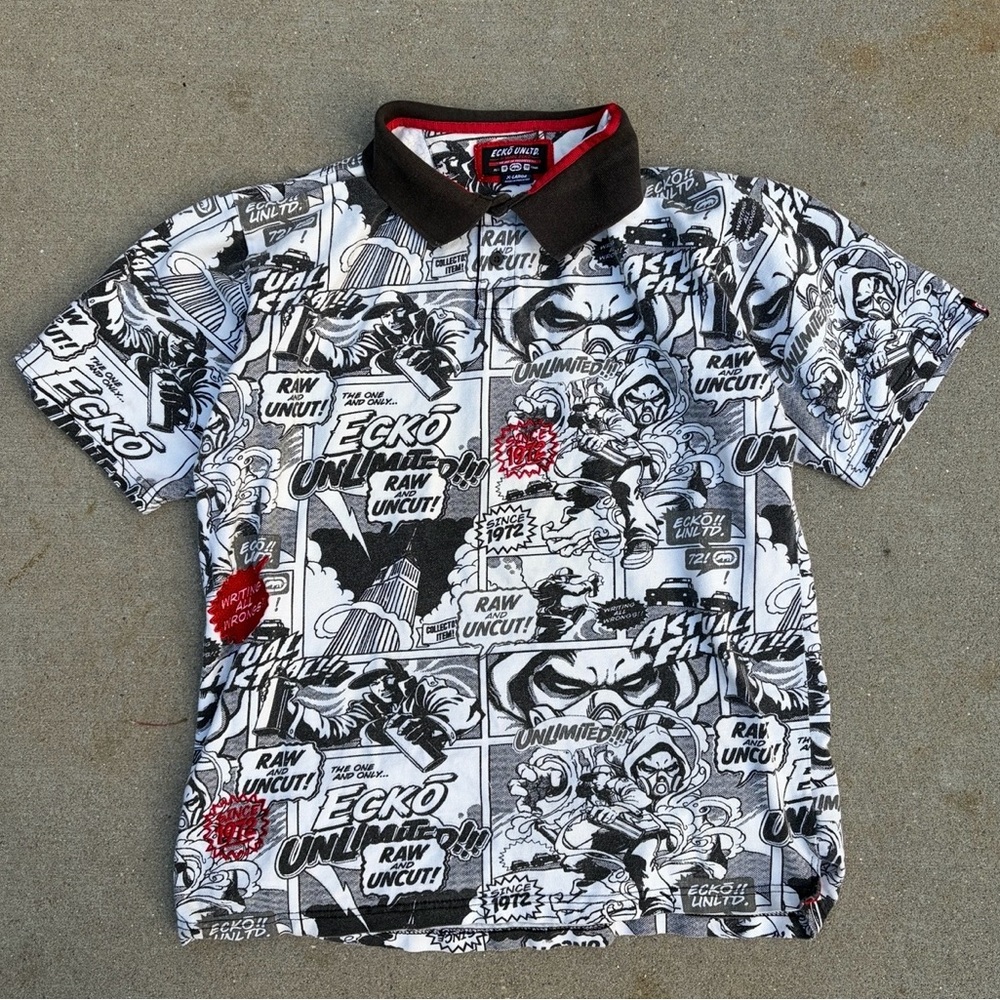 Y2K Ecko Unlimited AOP Comic Print Polo Shirt Men’s XL